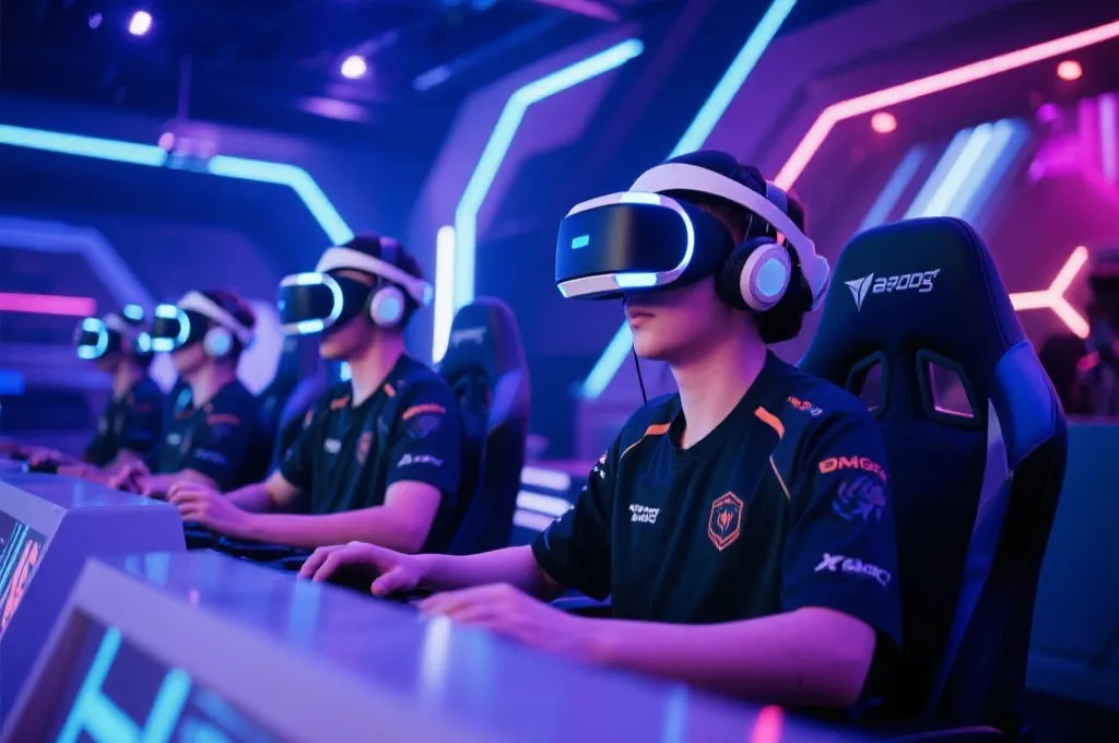 VR电竞选手在未来感竞技场中激烈比拼